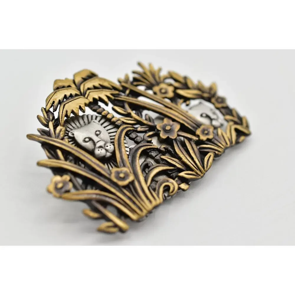 JJ Vintage Jungle Lion Pin Brooch Chunky Pewter Brass Chunky Rare Signed 80s 9B